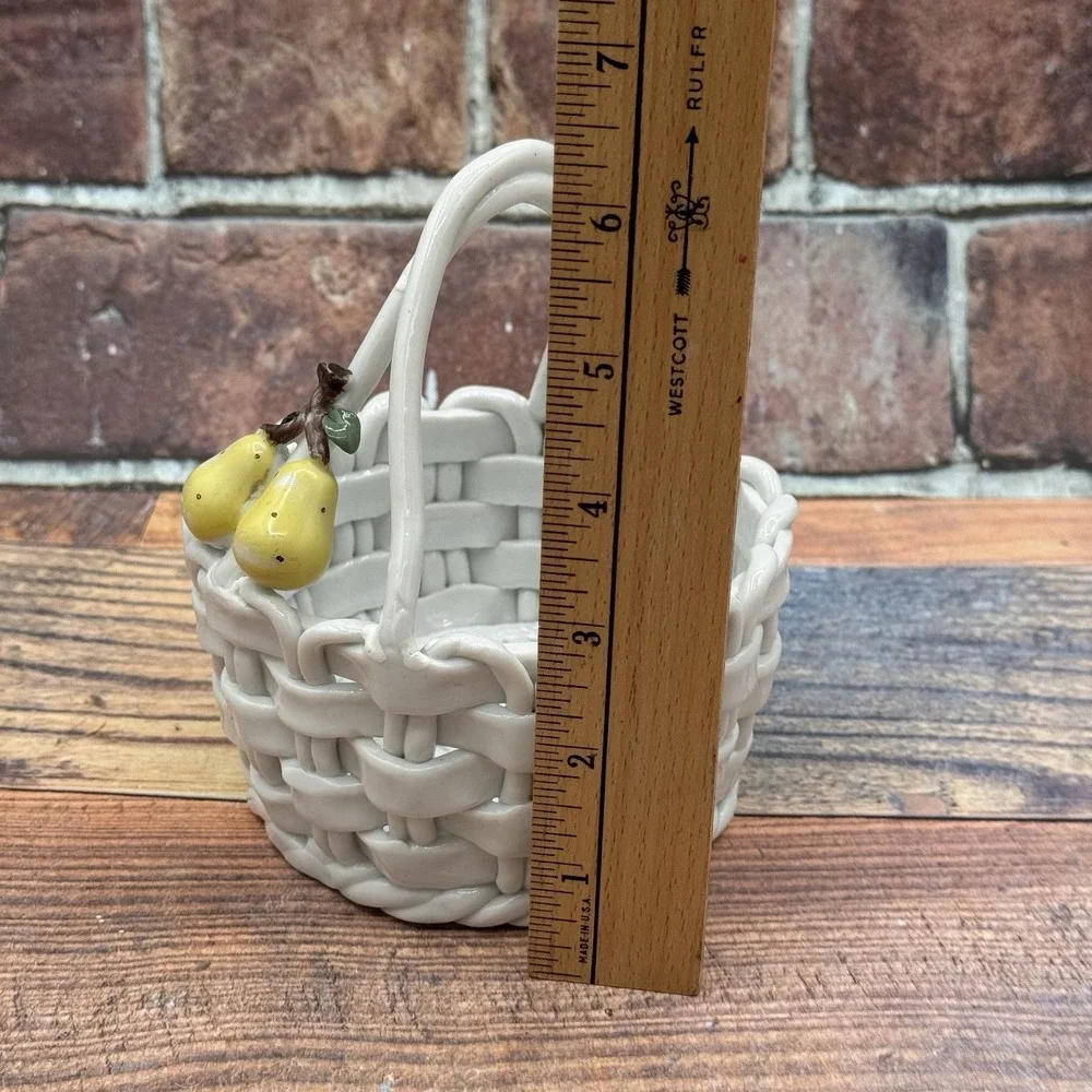 Vintage Ceramic Open Weave White Lattice Fruit Basket Pear Applique w Faux Fruit